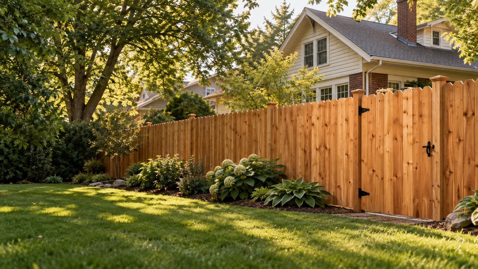 Wooden privacy fence with gate surrounding residential backyard with hydrangeas and lawn