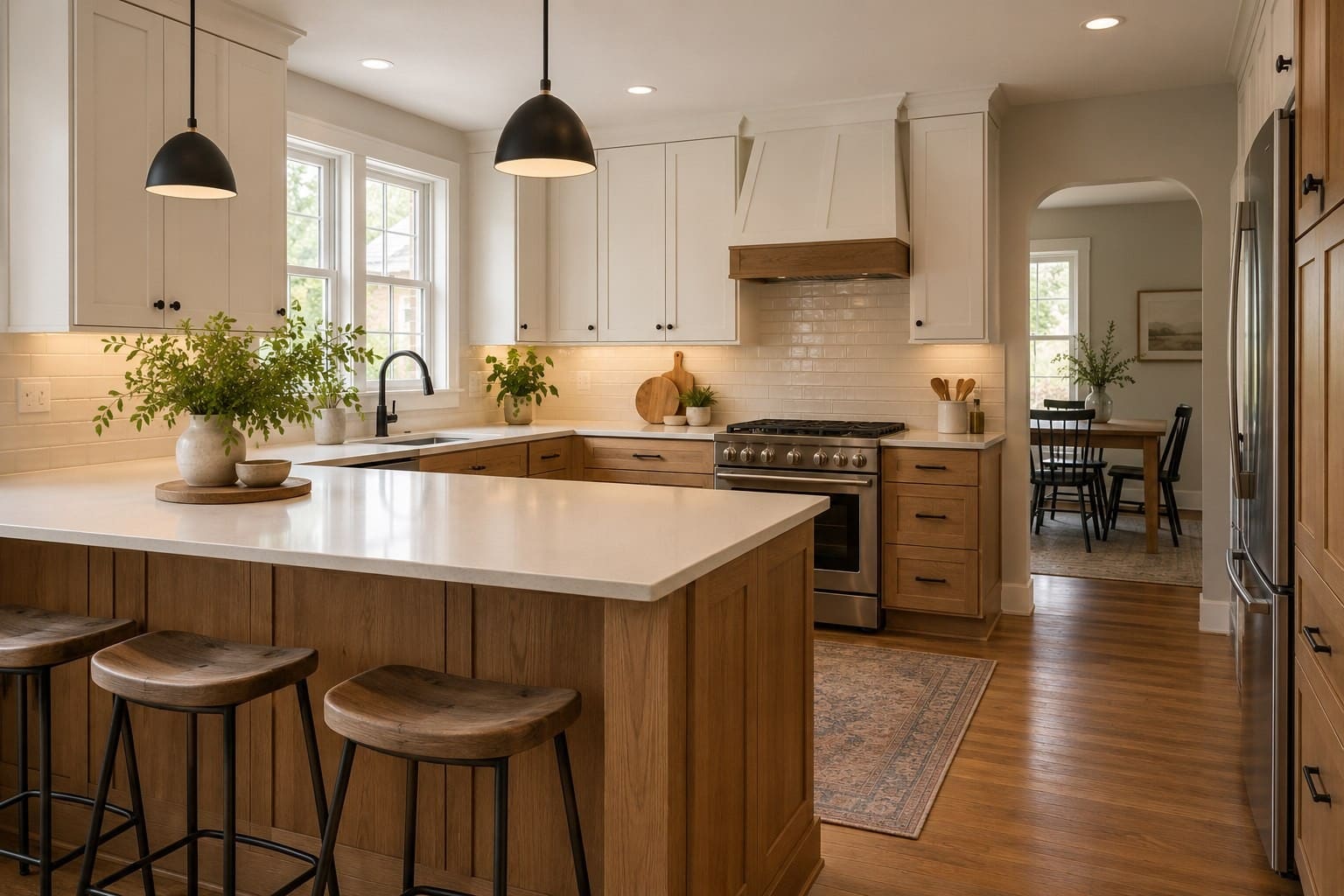 Modern kitchen with white upper cabinets, wood lower cabinets, white countertops, stainless steel appliances, and pendant lighting