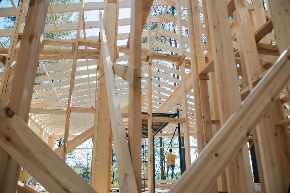 Timber framing inside a house under construction