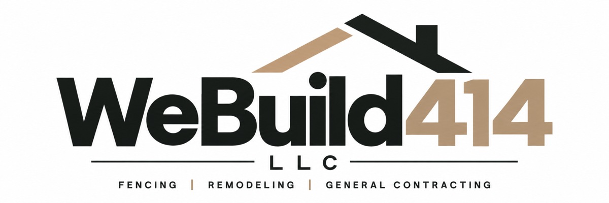 WeBuild414 LLC logo featuring house roof icon with fencing, remodeling, general contracting services